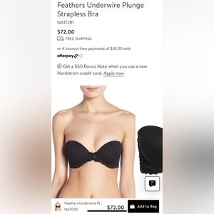 NWOT Natori Black Feathers Underwire Plunge Strapless Bra, 34B